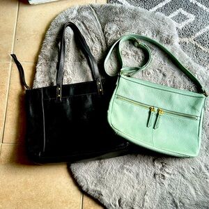 Pair of Fossil Purses - a sea-foam green Crossbody and a black over the shoulder